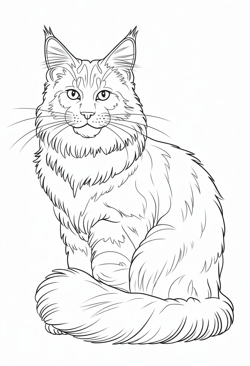 Printable Cute Cat Coloring Pages 20 Best Designs for All Ages 28 A Maine Coon cat sitting calmly with a bushy tail wrapped around its body.
